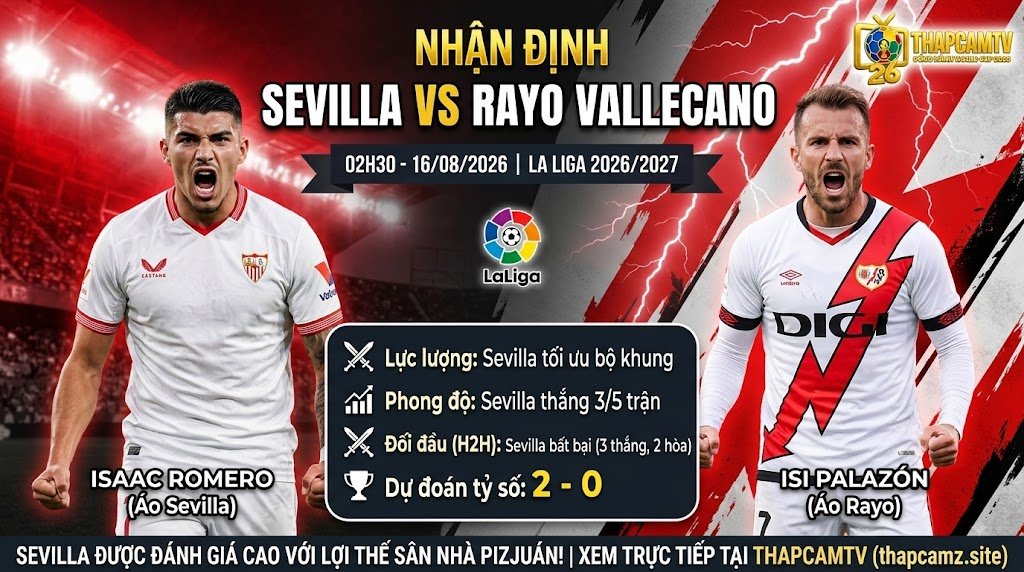 Nhận định trận đấu Sevilla vs Rayo Vallecano vòng 1 La Liga 2026/2027 chi tiết cùng chuyên gia tại Thapcamtv.